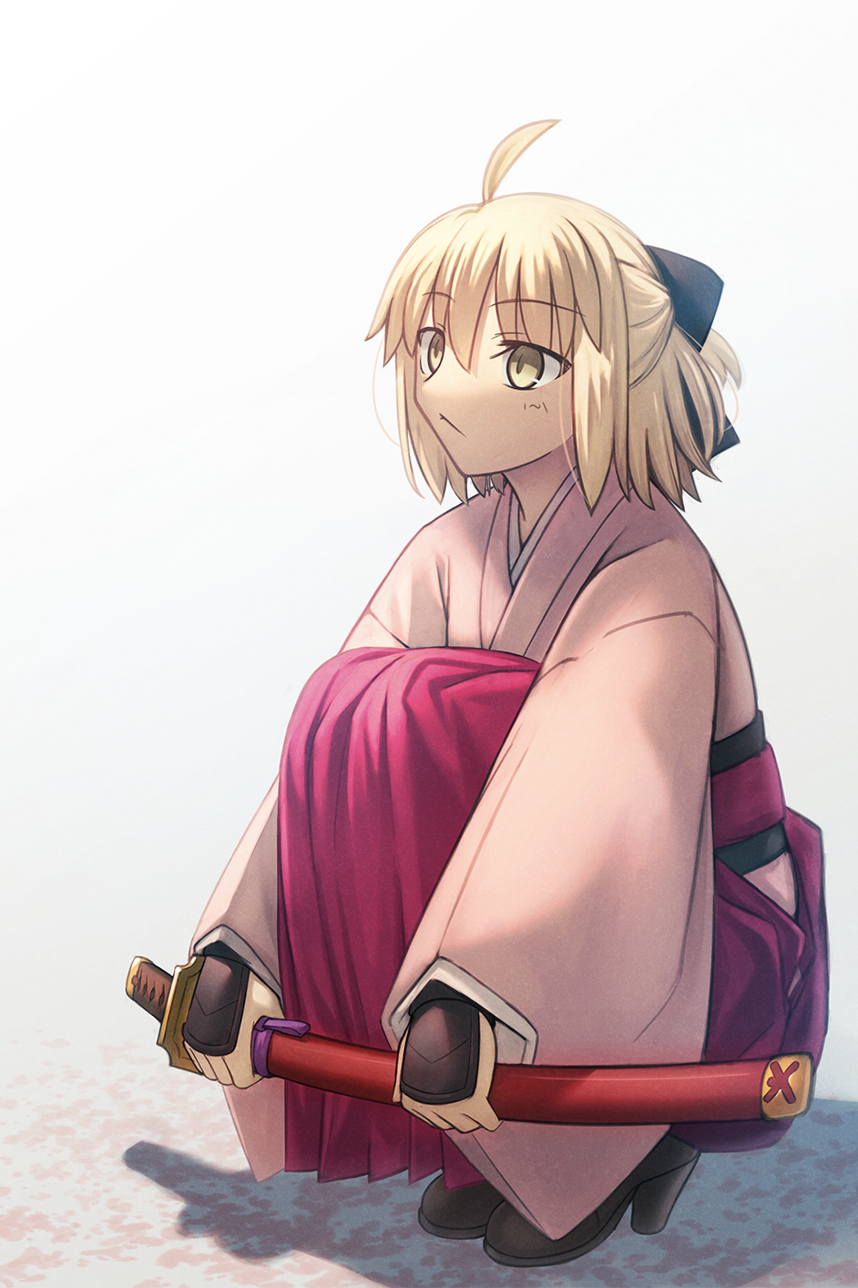 1girl, ahoge, black_bow, black_footwear, blonde_hair, bow, closed_mouth, commentary_request