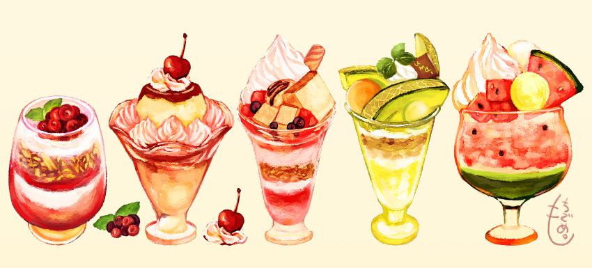 absurdres, cherry, cup, dezitarukinngyo, food, food_focus, fruit, highres, leaf, no_humans, original, parfait, pudding, simple_background, still_life, watermelon, whipped_cream, yellow_background