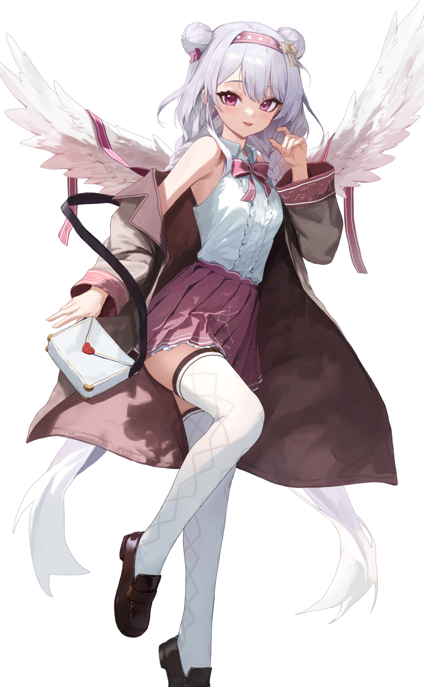 1girl, :d, absurdres, angel_wings, bag, bare_shoulders, blush, bow, braid, buttons, collared_shirt, commission, double_bun, elia_stellaria, feathered_wings, hair_bow, hair_bun, hairband, hand_up, handbag, highres, jacket, long_hair, long_sleeves, looking_at_viewer, off_shoulder, pink_hairband, pleated_skirt, purple_bow, purple_jacket, purple_skirt, satchel, shirt, simple_background, skeb_commission, skirt, sleeveless, sleeveless_shirt, smile, solo, toi1et_paper, twin_braids, v-dere, very_long_hair, violet_eyes, virtual_youtuber, white_background, white_hair, white_shirt, white_wings, wings, zettai_ryouiki