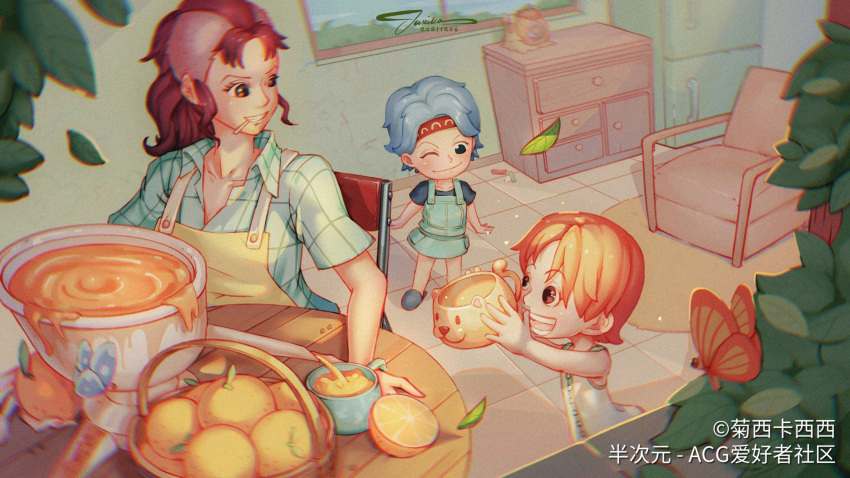 3girls, apron, artist_name, bellemere, blue_hair, bug, butterfly, chinese_text