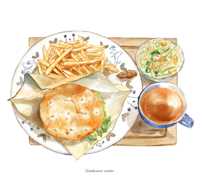 39no39, bowl, burger, cup, food, food_focus, french_fries, no_humans, original, plate, shadow, simple_background, still_life, twitter_username, white_background