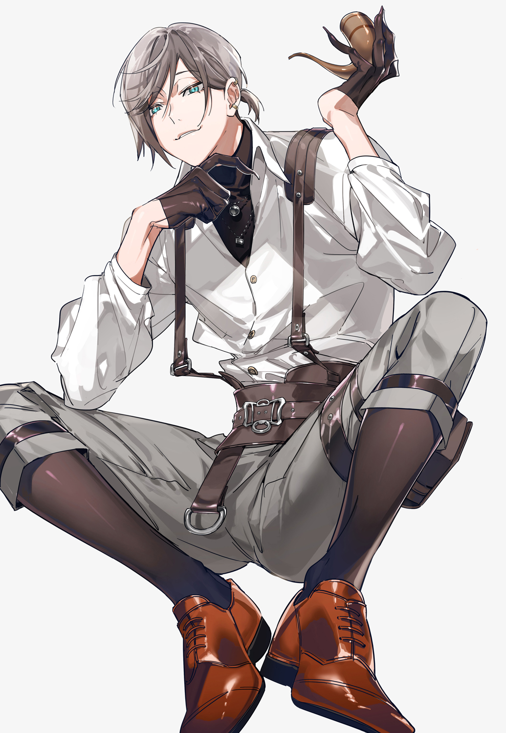 1boy, belt, black_gloves, black_socks, black_undershirt, brown_belt, brown_footwear, capri_pants
