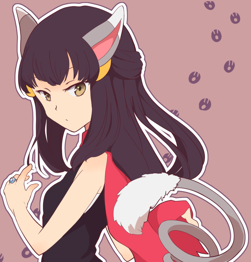 1girl, animal_ears, black_shirt, brown_eyes, cat_ears, cat_tail, cosplay, diamond_ring