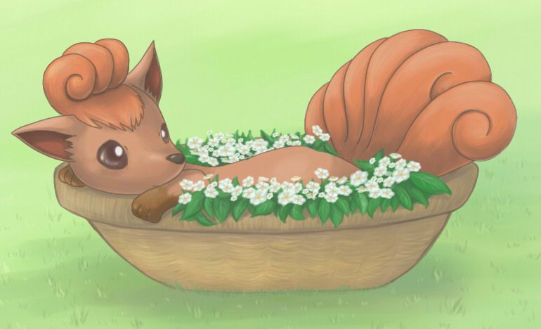 animal_ear_fluff, animal_focus, basket, brown_eyes, brown_fur, creature, flower, flower_basket