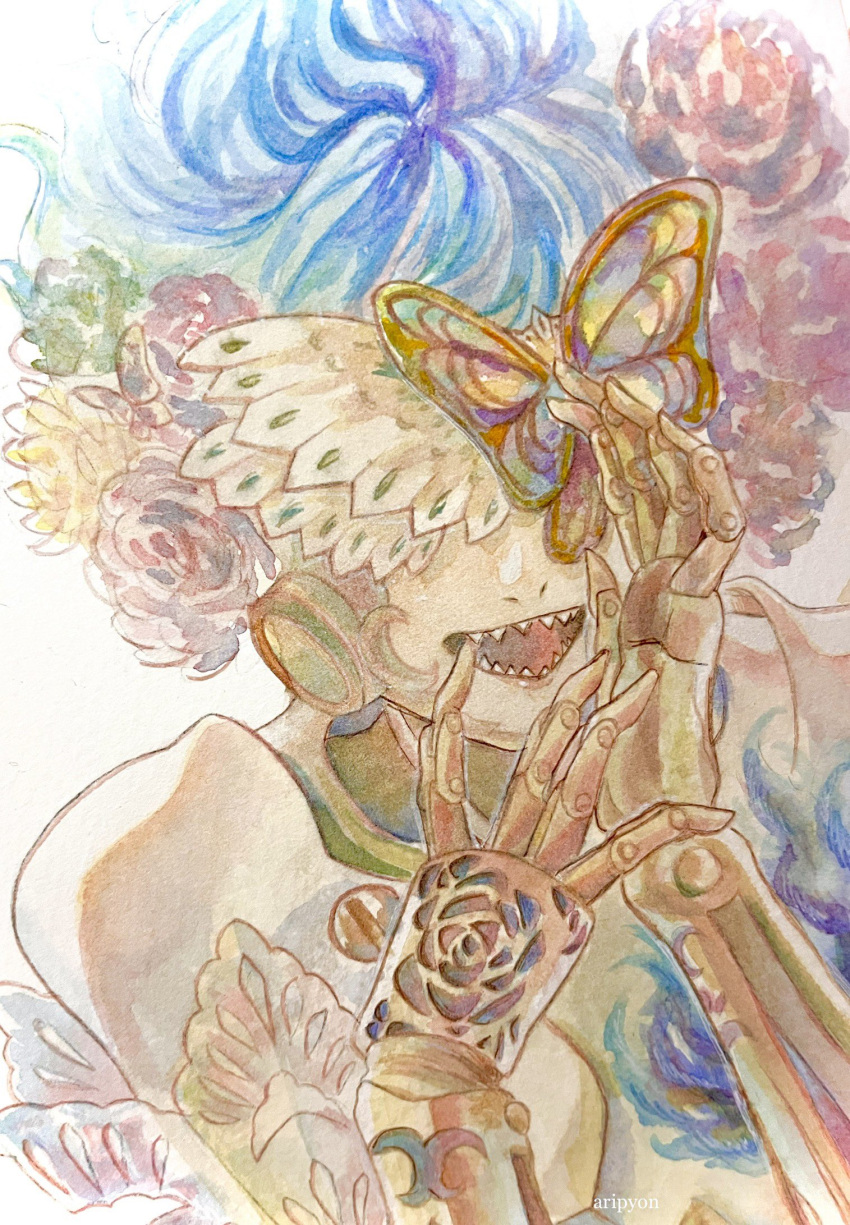 1boy, aripyon, artist_name, blue_hair, bug, butterfly, floral_print, flower, hands_up, highres, joints, male_focus, mask, mechanical_parts, open_mouth, ortho_shroud, painting_(medium), robot_joints, rose_print, sharp_teeth, short_hair, simple_background, smile, solo, teeth, traditional_media, twisted_wonderland, watercolor_(medium), wavy_hair, white_background