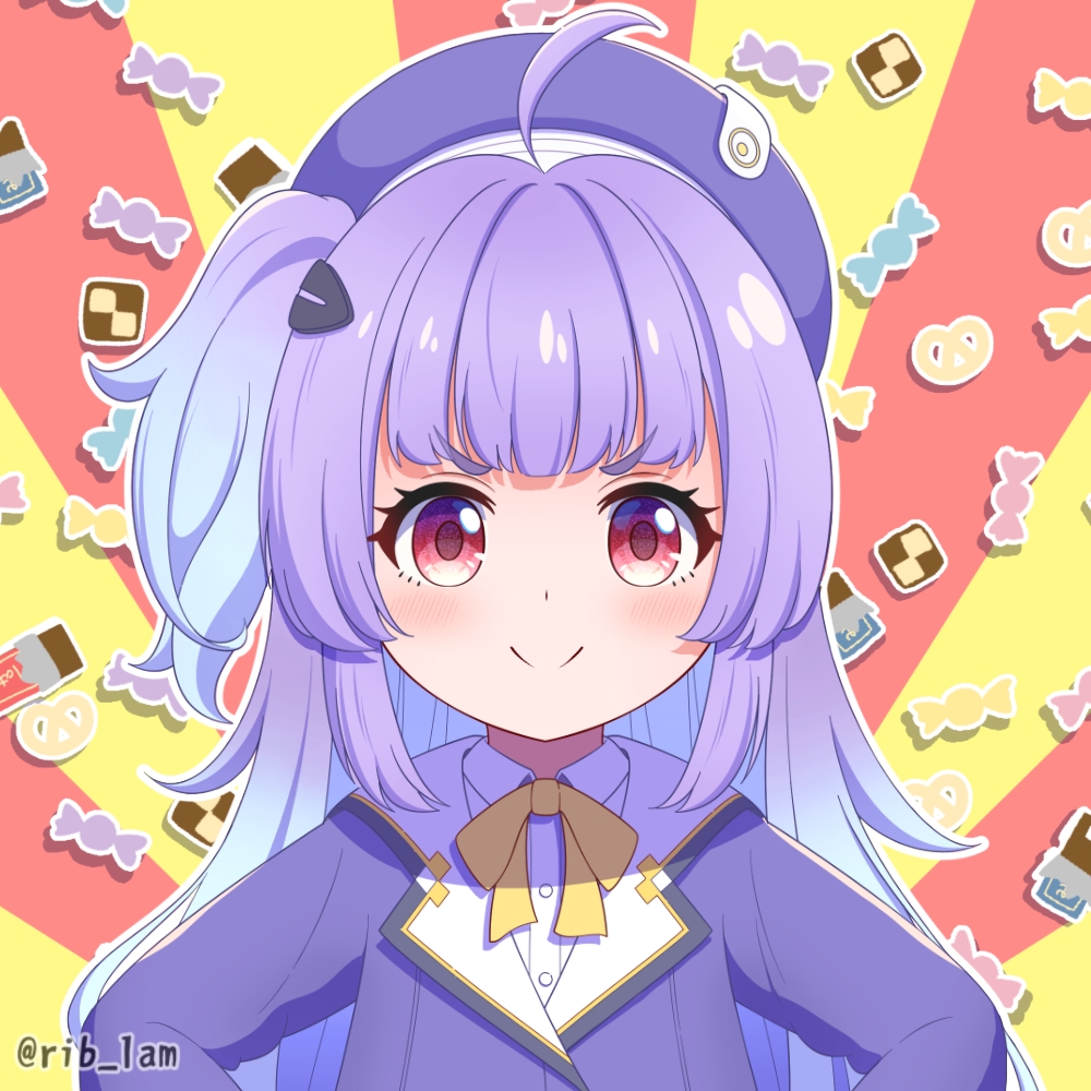 1girl, ahoge, artist_name, blue_headwear, blue_jacket, blunt_bangs, closed_mouth, goddess_of_victory:_nikke, gradient_hair, hair_ornament, hands_on_own_hips, heart, jacket, long_hair, long_sleeves, multicolored_hair, purple_hair, red_eyes, rei_(nikke), ribbon, snowglobekey_(rib_lam), standing, yellow_ribbon