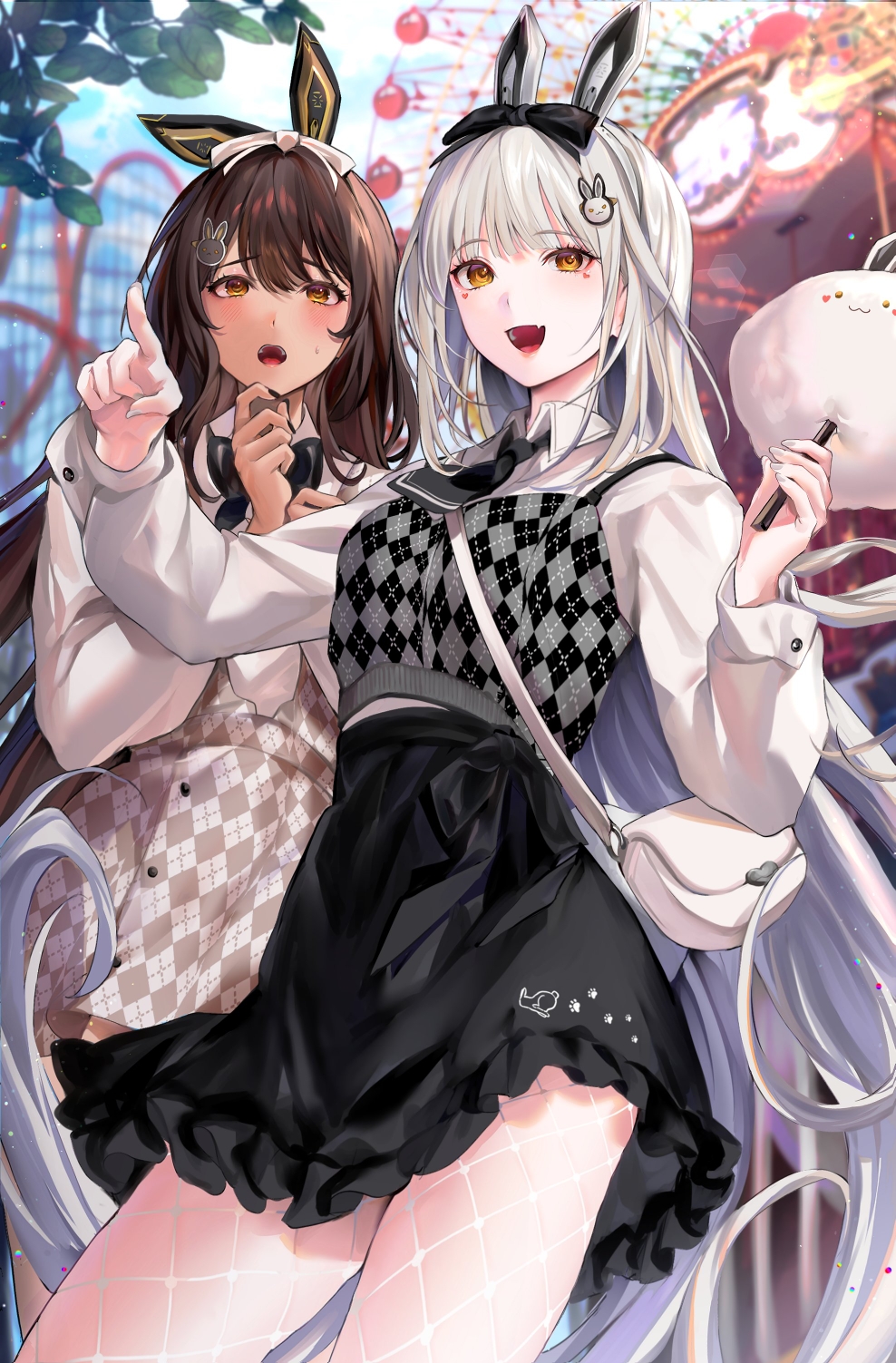 2girls, amusement_park, animal_ear_headwear, animal_ears, ascot, black_ascot, black_bow, black_bowtie