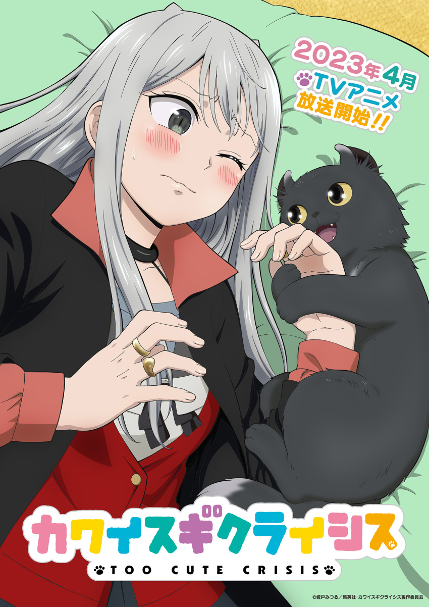1girl, animal, black_jacket, blush, cat, copyright, fangs, grey_eyes