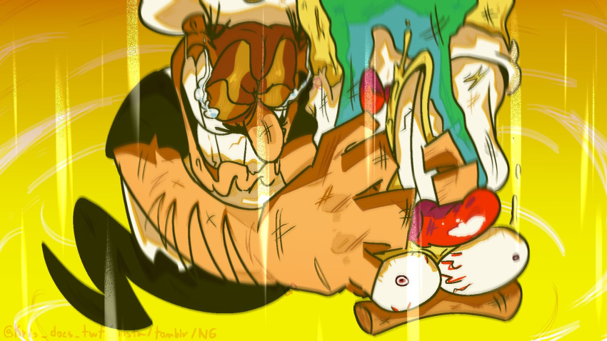 1boy, apron, bow, bowtie, chef_hat, closed_eyes, gradient_background, hat, highres, kris_does, peppino_spaghetti, piledriver_(wrestling), pizza_tower, pizzahead, red_bow, red_bowtie, red_nose, teeth, twitter_username, white_apron, white_headwear, yellow_background