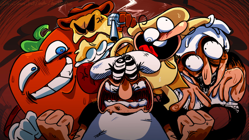 1boy, blue_eyes, brown_headwear, cape, chef_hat, clouds, commentary, cowboy_hat, crazy_eyes, english_commentary, facial_hair, fake_peppino, gun, hat, highres, holding, holding_gun, holding_weapon, kris_does, looking_up, mustache, open_mouth, outdoors, pepperman, peppino_spaghetti, pizza_tower, red_sky, single_tooth, sky, teeth, the_noise, the_vigilante, v-shaped_eyebrows, weapon, white_headwear, yellow_cape, yellow_headwear