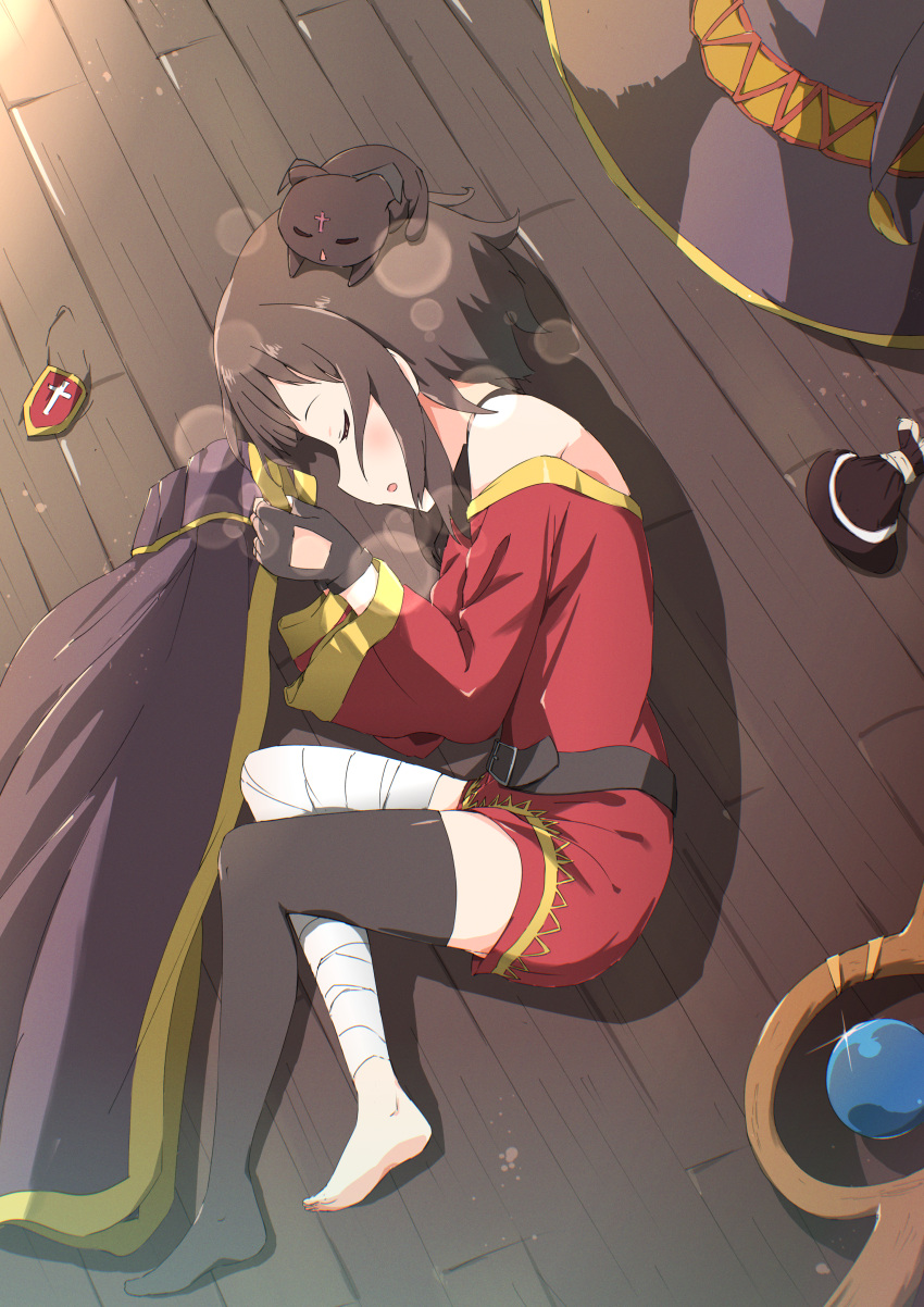 1girl, absurdres, animal_on_head, bare_shoulders, belt, black_gloves, black_hair, black_thighhighs