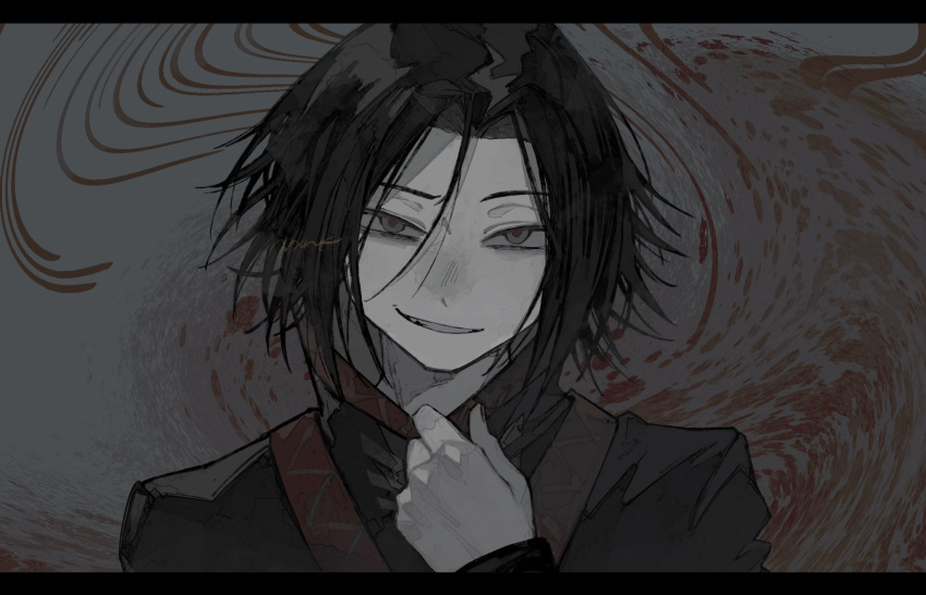 1boy, black_hair, blood, blood_splatter, evil_smile, feitan_portor, hair_between_eyes, highres