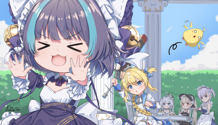 >_<, 5girls, absurdly_long_hair, ahoge, anchor_necklace, animal_ears, apron, artist_name