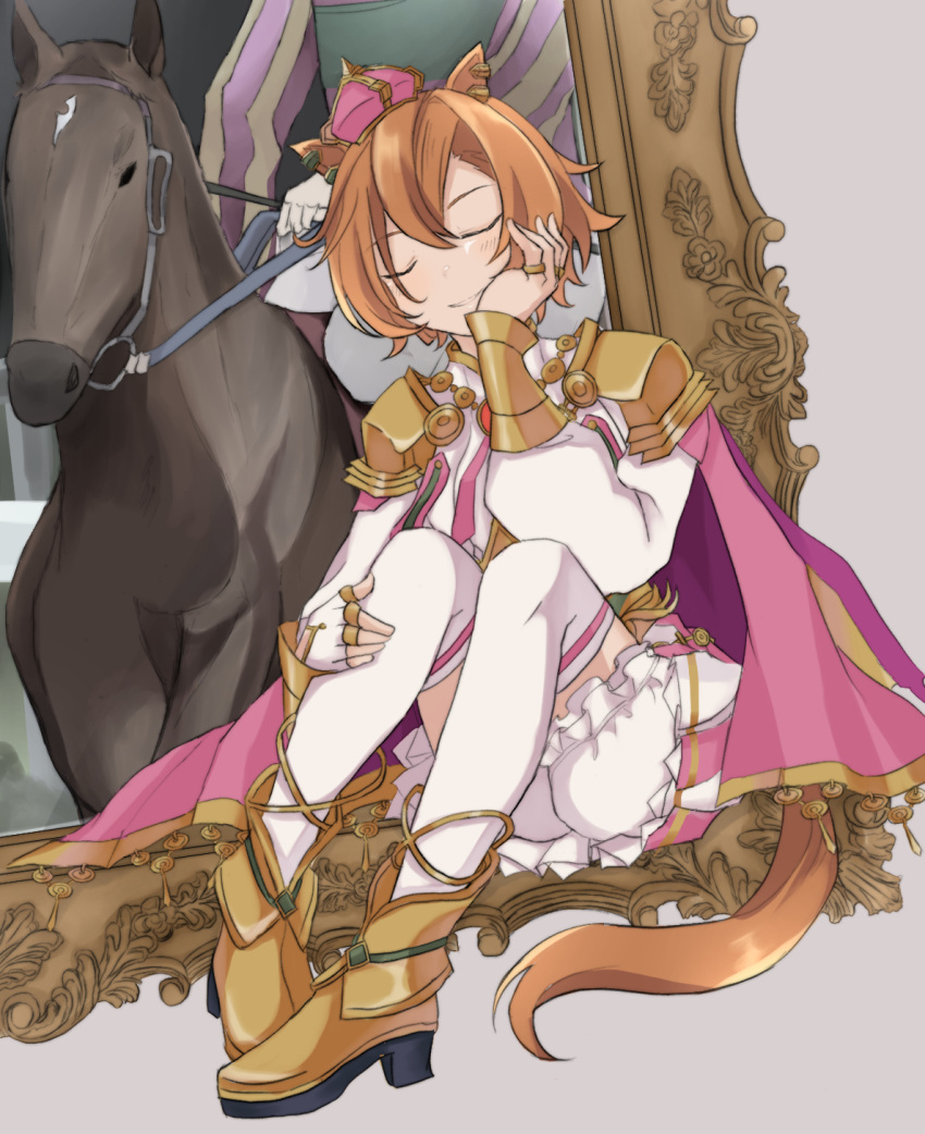 1boy, 1girl, cape, closed_eyes, commentary, creature_and_personification, full_body, hair_between_eyes, highres, horse, horse_girl, jockey, orange_hair, photo-referenced, pink_cape, real_life, short_hair, sitting, t.m._opera_o_(racehorse), t.m._opera_o_(umamusume), thigh-highs, umamusume, usako_(umauma0602), wada_ryuji, white_thighhighs, yellow_footwear