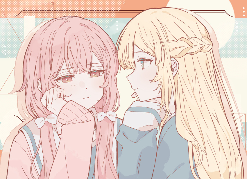 2girls, absurdres, blonde_hair, blue_eyes, blue_shirt, blunt_bangs, blush, bow