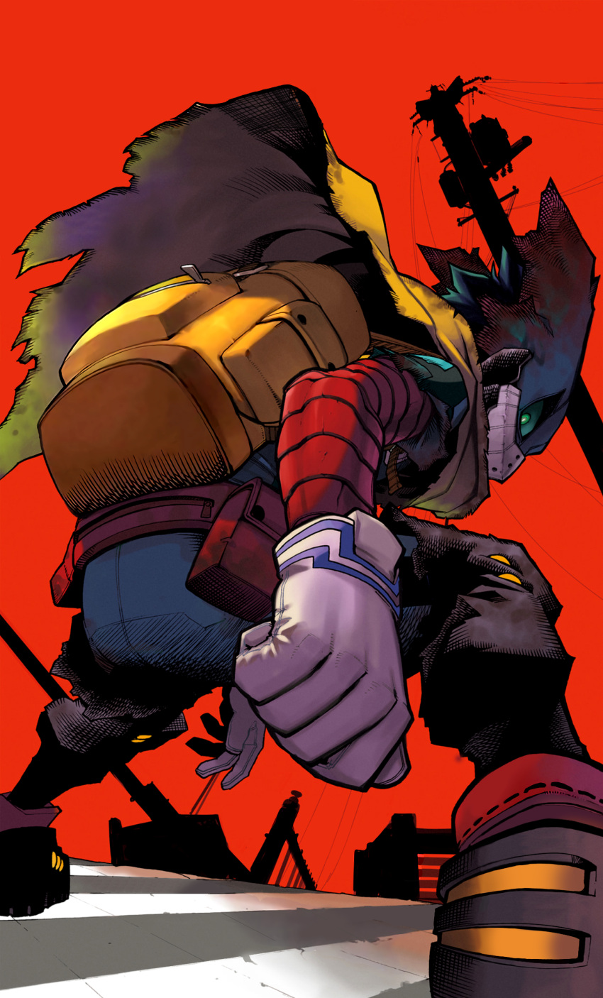 1boy, arms_at_sides, backpack, bag, belt, belt_pouch, bodysuit, boku_no_hero_academia, bright_pupils, cape, clenched_hand, commentary, covered_face, crosswalk, detexted, dirty_mask, english_commentary, eyes_in_shadow, floating_cape, foreshortening, from_behind, from_below, full_body, gloves, glowing, glowing_eye, green_bodysuit, green_eyes, green_hair, green_mask, highres, horikoshi_kouhei, leaning_forward, looking_at_viewer, looking_back, male_focus, midoriya_izuku, official_alternate_costume, official_art, outdoors, pouch, power_lines, profile, red_belt, red_sky, shadow, short_hair, silhouette, sky, solo, spoilers, third-party_edit, torn_cape, torn_clothes, torn_mask, utility_pole, white_gloves, white_pupils, yellow_bag, yellow_cape, zipper_pull_tab
