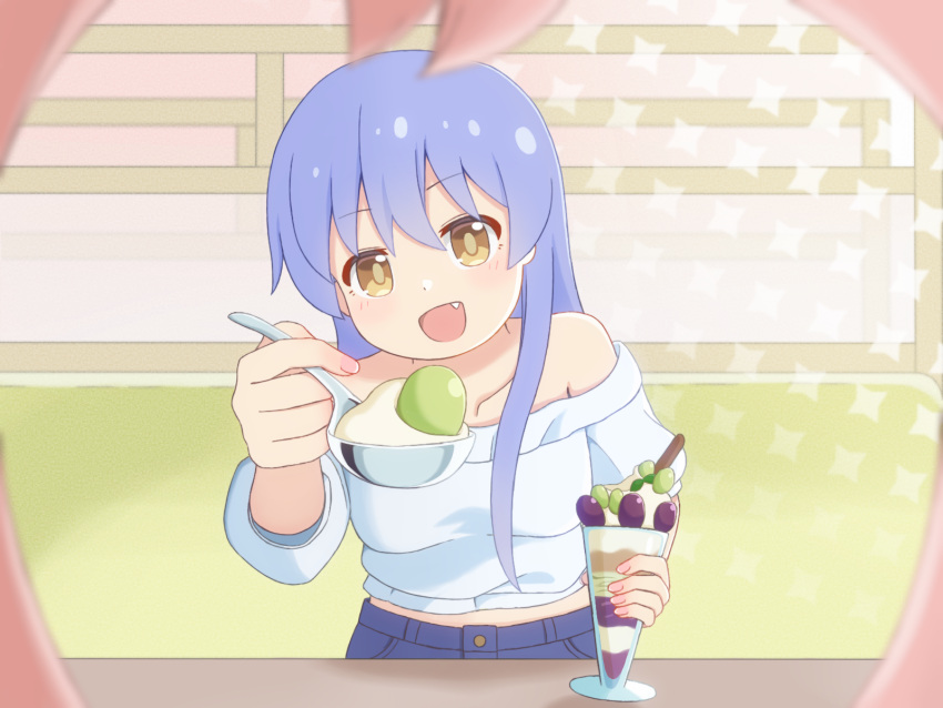 2girls, :d, bare_shoulders, blue_hair, collarbone, commentary, fang, female_pov