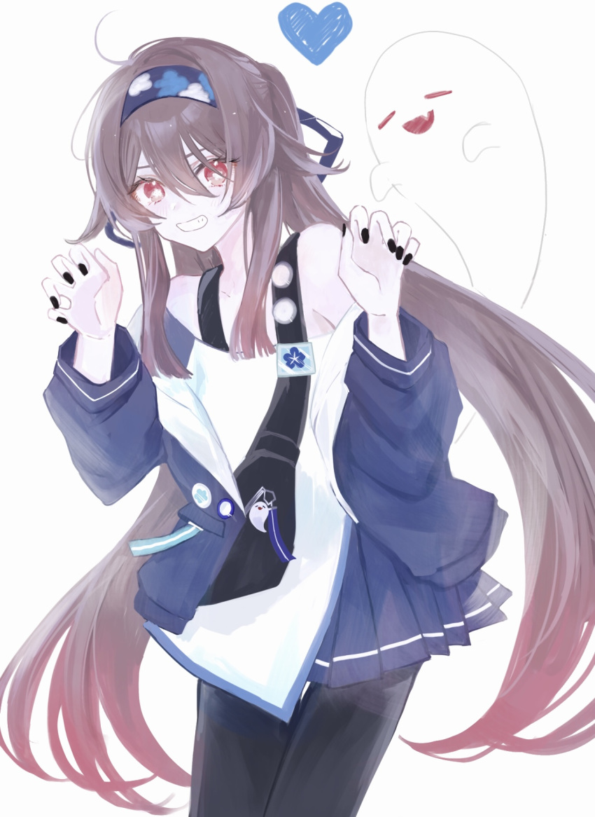 1girl, asa_(1asa-0-asa1), black_nails, black_pants, blue_hairband, blue_jacket, blue_skirt, boo_tao_(genshin_impact)