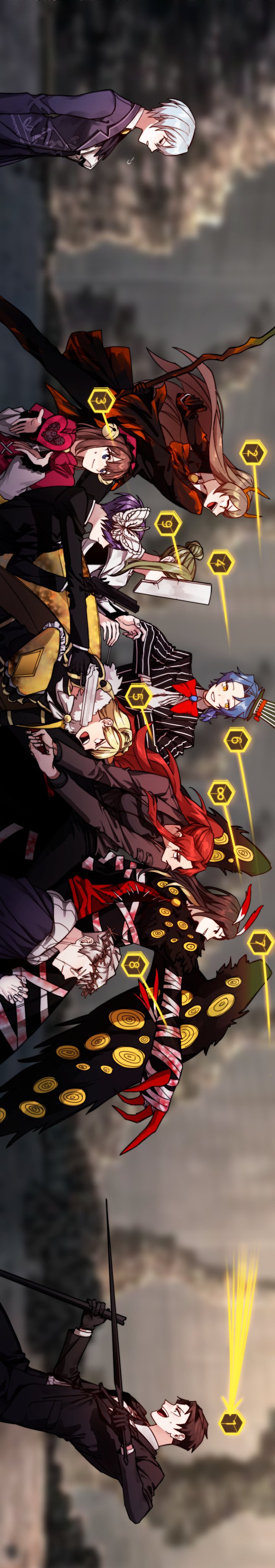 5boys, 6+girls, absurdres, angela_(project_moon), b_shell, bell, binah_(project_moon), black_gloves