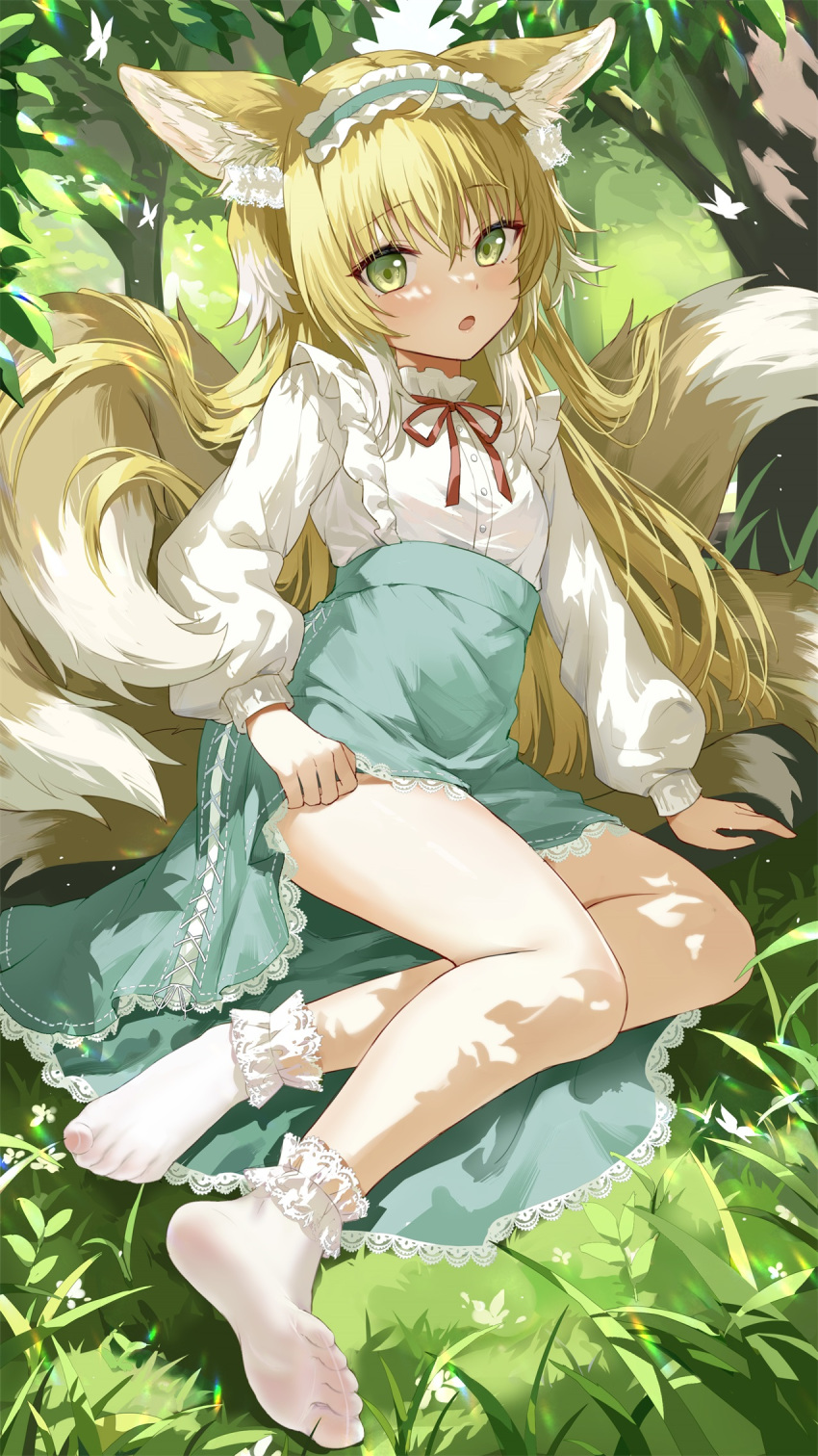 1girl, animal_ears, arknights, blonde_hair, blurry, bow, bowtie, clothes_lift
