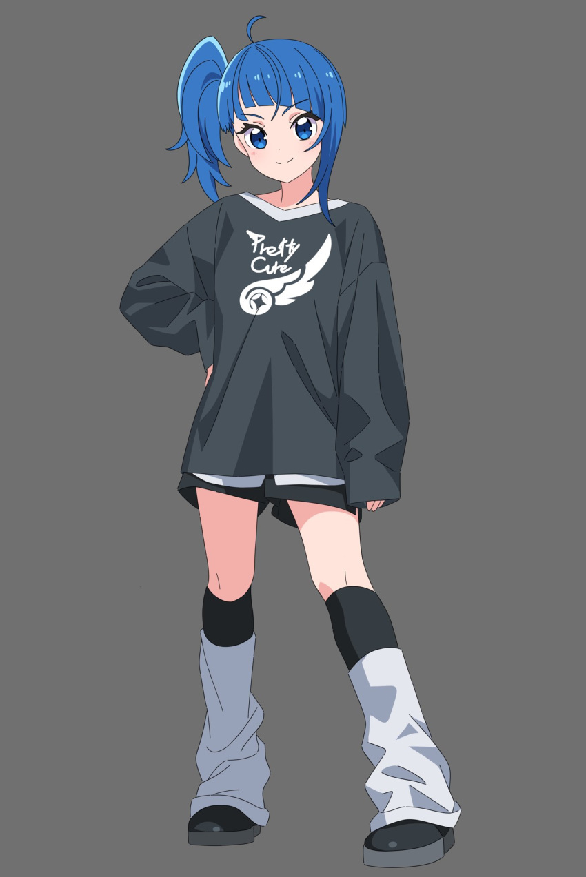 1girl, ahoge, black_footwear, black_shorts, black_socks, blue_eyes, blue_hair, blunt_bangs