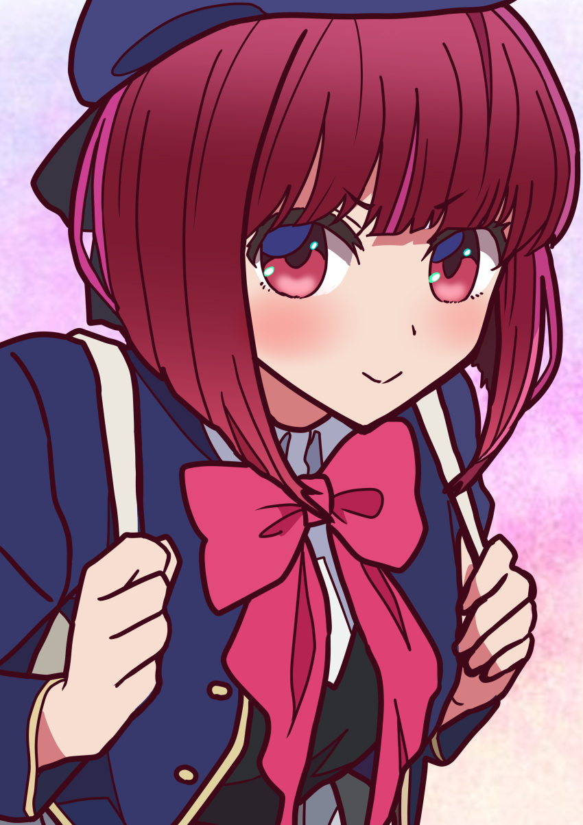 1girl, absurdres, arima_kana, beret, black_ribbon, black_vest, blue_headwear, blue_jacket