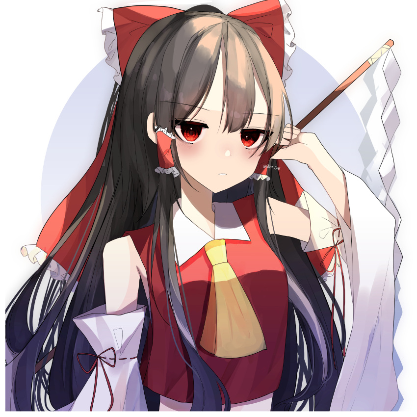 1girl, absurdres, ascot, black_hair, bow, commentary_request, commission, crop_top