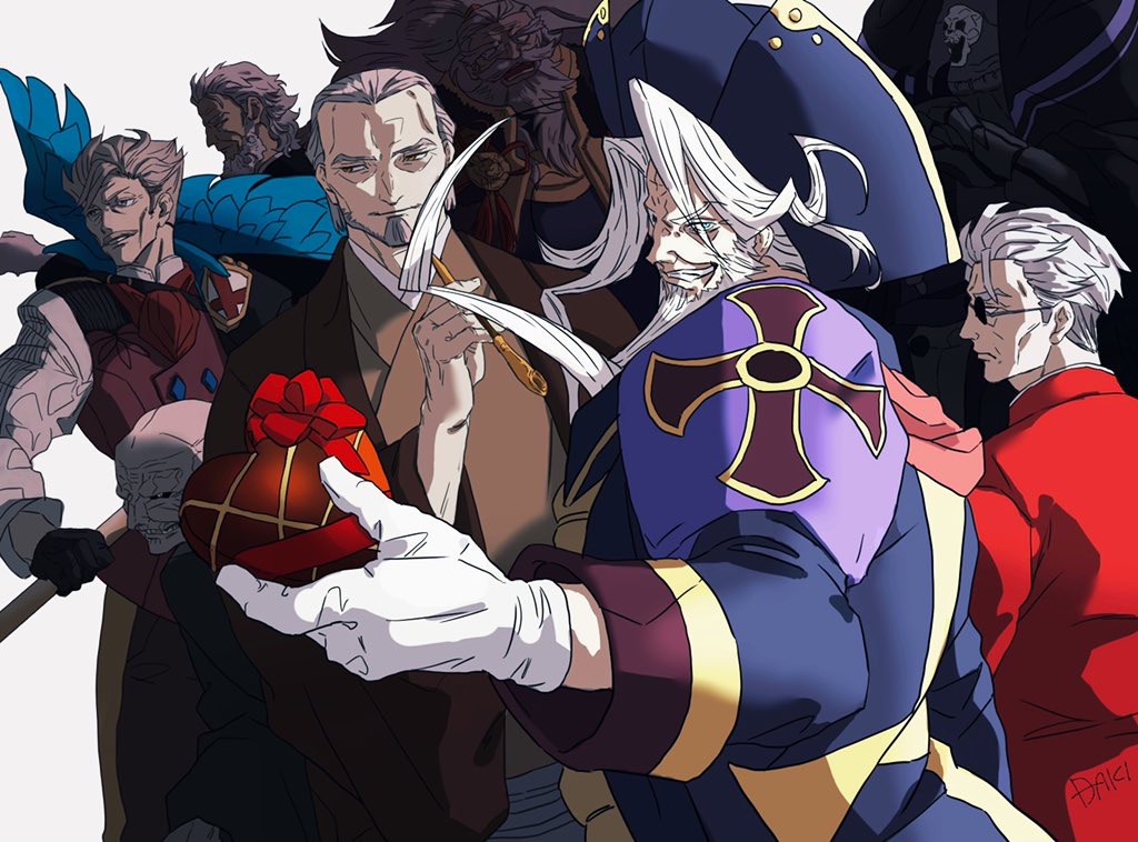 6+boys, armor, bald, beard, black_armor, black_cloak, black_kimono, black_sclera, blue_coat, blue_eyes, brown_eyes, brown_kimono, candy, cane, changpao, chinese_clothes, chocolate, christopher_columbus_(fate), cloak, coat, colored_sclera, cross, evil_grin, evil_smile, facial_hair, fate/grand_order, fate_(series), food, full_armor, gloves, goatee, grey_hair, grin, hair_slicked_back, haori, hat, heart, heart-shaped_chocolate, holding, holding_cane, holding_chocolate, holding_food, holding_smoking_pipe, james_moriarty_(archer)_(fate), japanese_clothes, kimono, king_hassan_(fate), kischur_zelretch_schweinorg, li_shuwen_(fate), li_shuwen_(old)_(fate), long_beard, long_hair, long_sleeves, male_focus, matou_zouken, multiple_boys, old, old_man, pirate_hat, ponytail, profile, shibata_katsuie_(fate), short_hair, skull, smile, smoking_pipe, sunglasses, syuugou_11, waistcoat, white_gloves, wrinkled_skin, yagyuu_munenori_(fate)