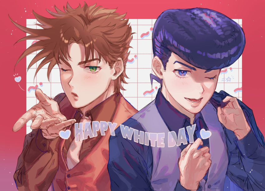 2boys, battle_tendency, black_shirt, blowing_kiss, brown_hair, collared_shirt, diamond_wa_kudakenai, english_text
