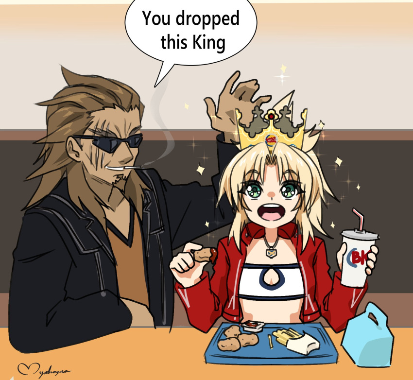 1boy, 1girl, black_jacket, blonde_hair, breasts, burger_king, crown, fate/apocrypha