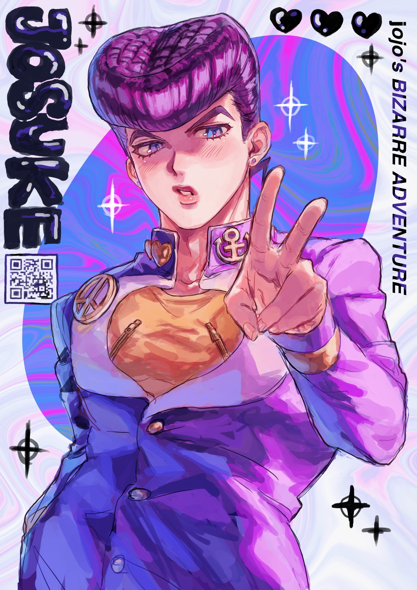 1boy, copyright_name, cowboy_shot, diamond_wa_kudakenai, ear_piercing, gakuran, hand_up, higashikata_josuke