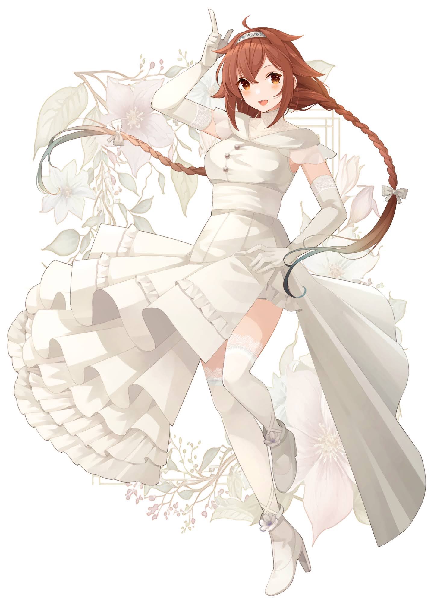 1girl, ahoge, blush, braid, brown_eyes, brown_hair, dress, elbow_gloves