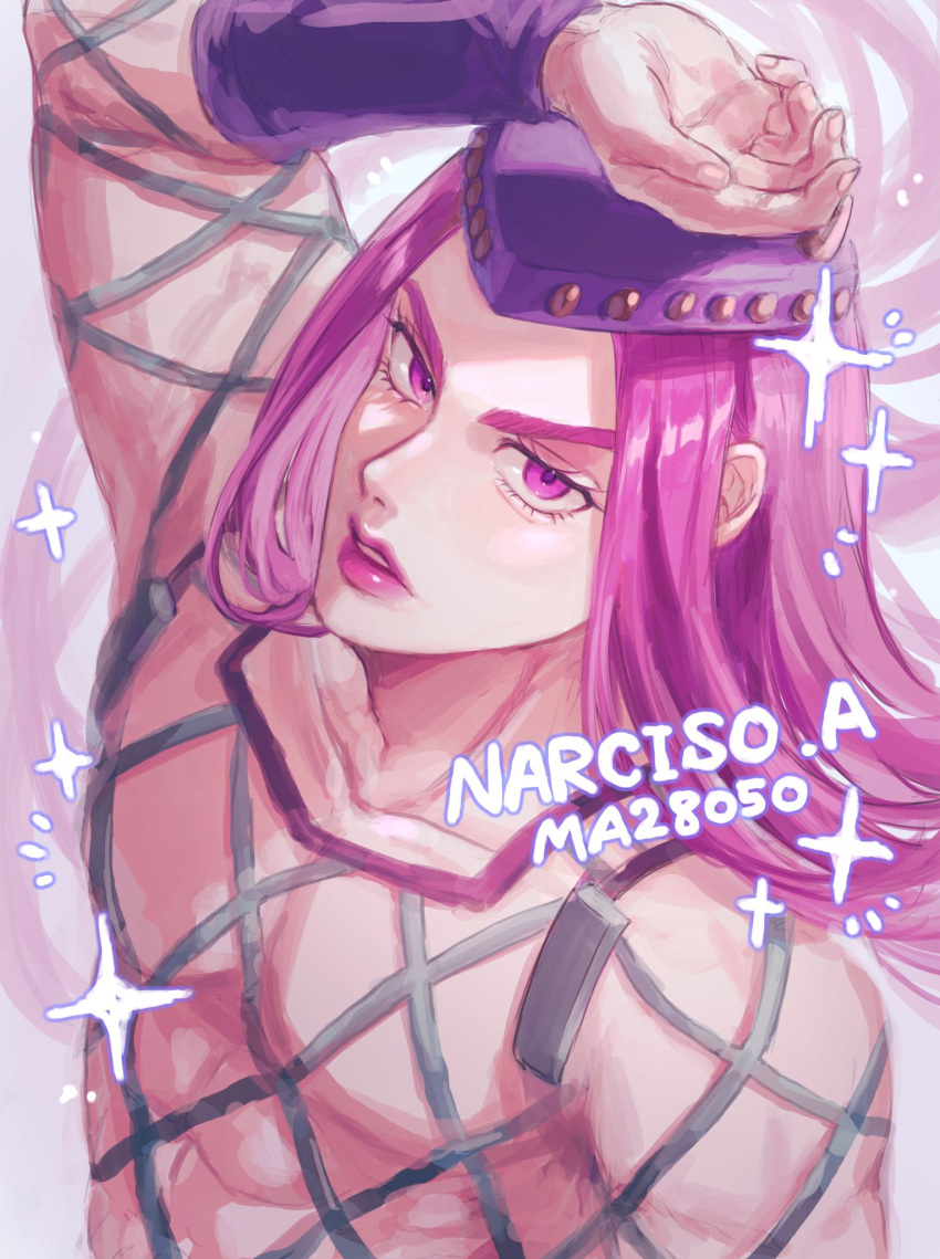 1boy, arm_up, fishnet_top, fishnets, hat, highres, horned_hat, jojo_no_kimyou_na_bouken