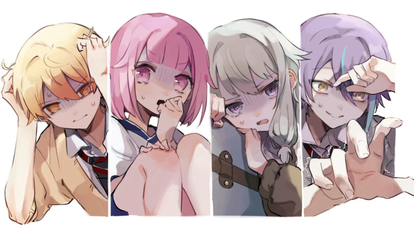 2boys, 2girls, @_@, blonde_hair, brown_jacket, empty_eyes, hashire!_taiikumatsuri!_~jikkou_iin_wa_ooisogashi~_(project_sekai), highres, i9sas, jacket, kamishiro_rui, kamiyama_high_school_uniform_(project_sekai), kusanagi_nene, long_sleeves, multiple_boys, multiple_girls, never_give_up_cooking!_(project_sekai), ootori_emu, pop_in_my_heart!!_(project_sekai), project_sekai, scared, school_uniform, shaded_face, simple_background, sweat, tenma-sanchi_no_hinamatsuri_(project_sekai), tenma_tsukasa, upper_body, white_background, wonderlands_x_showtime_(project_sekai), yellow_eyes