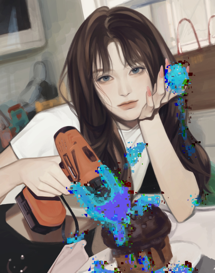 1girl, absurdres, bag, blue_eyes, cropped_shirt, food, glitch, hand_on_own_cheek