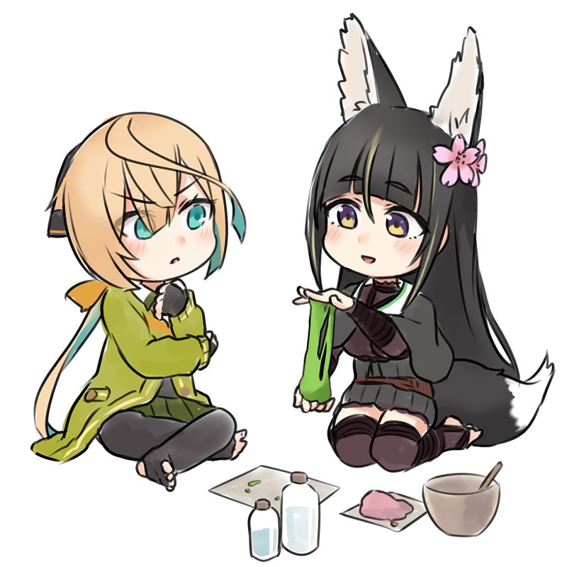 2girls, animal_ear_fluff, animal_ears, aqua_eyes, aqua_hair, black_cape, black_dress, blonde_hair