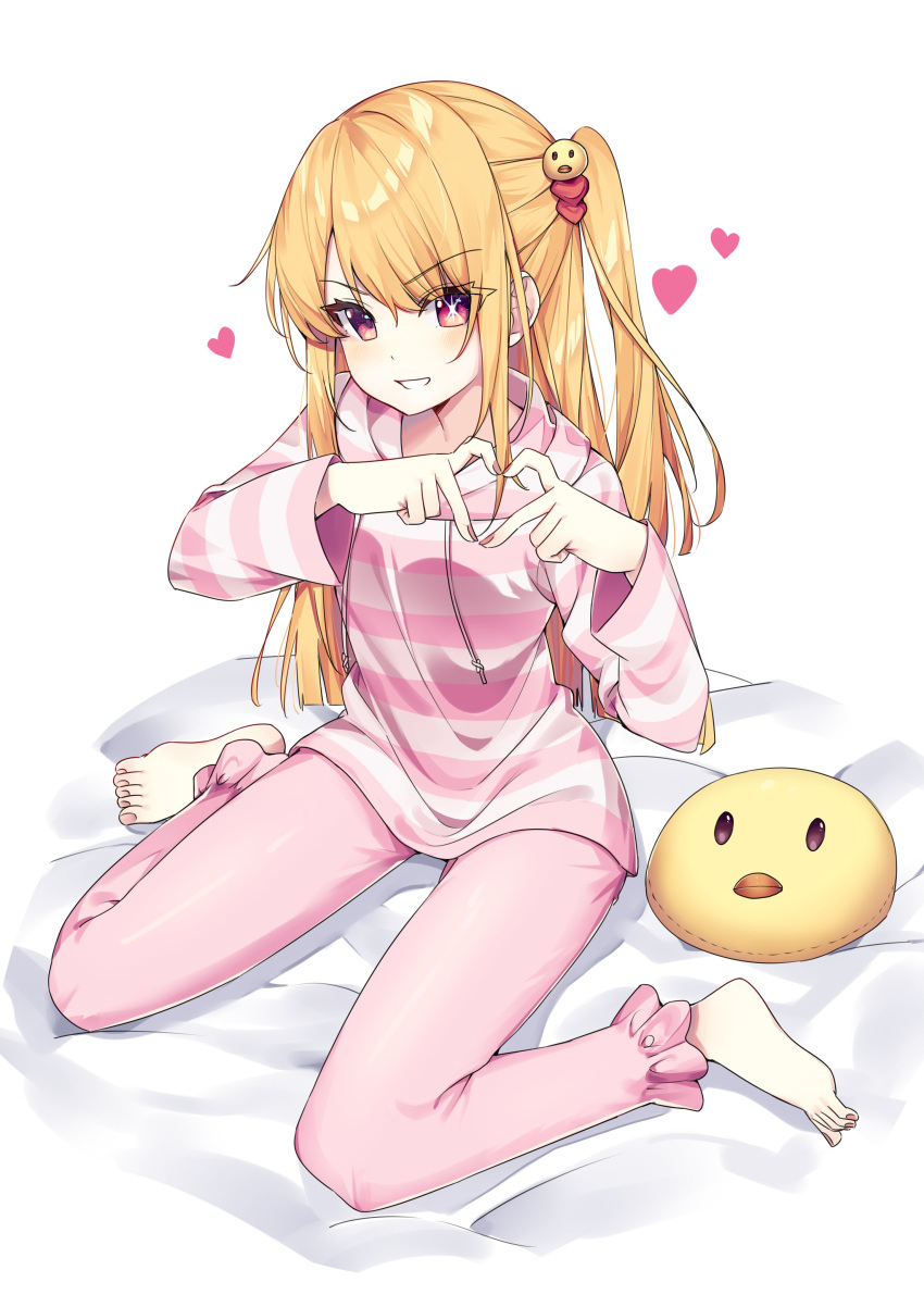 1girl, absurdres, barefoot, bird, blonde_hair, blush, duck, feet