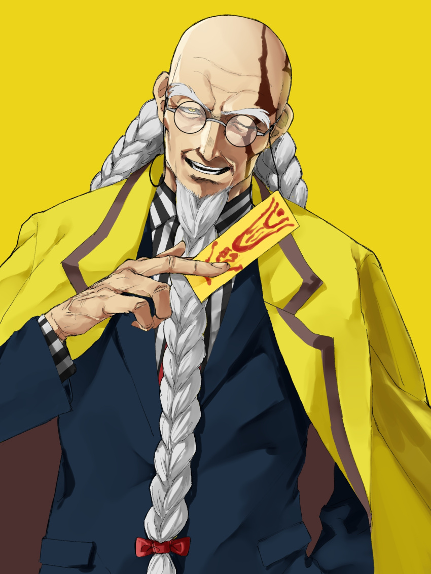 1boy, bald, balding, beard, black_suit, bow, bowtie, braid