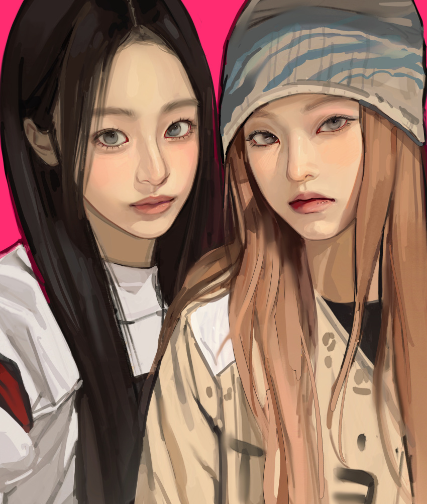 2girls, absurdres, beanie, black_hair, brown_hair, brown_shirt, buerhua, expressionless