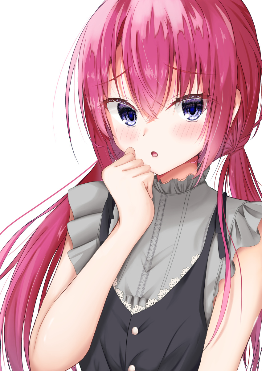 1girl, absurdres, black_dress, blue_eyes, blush, clenched_hand, commentary_request, crossed_bangs