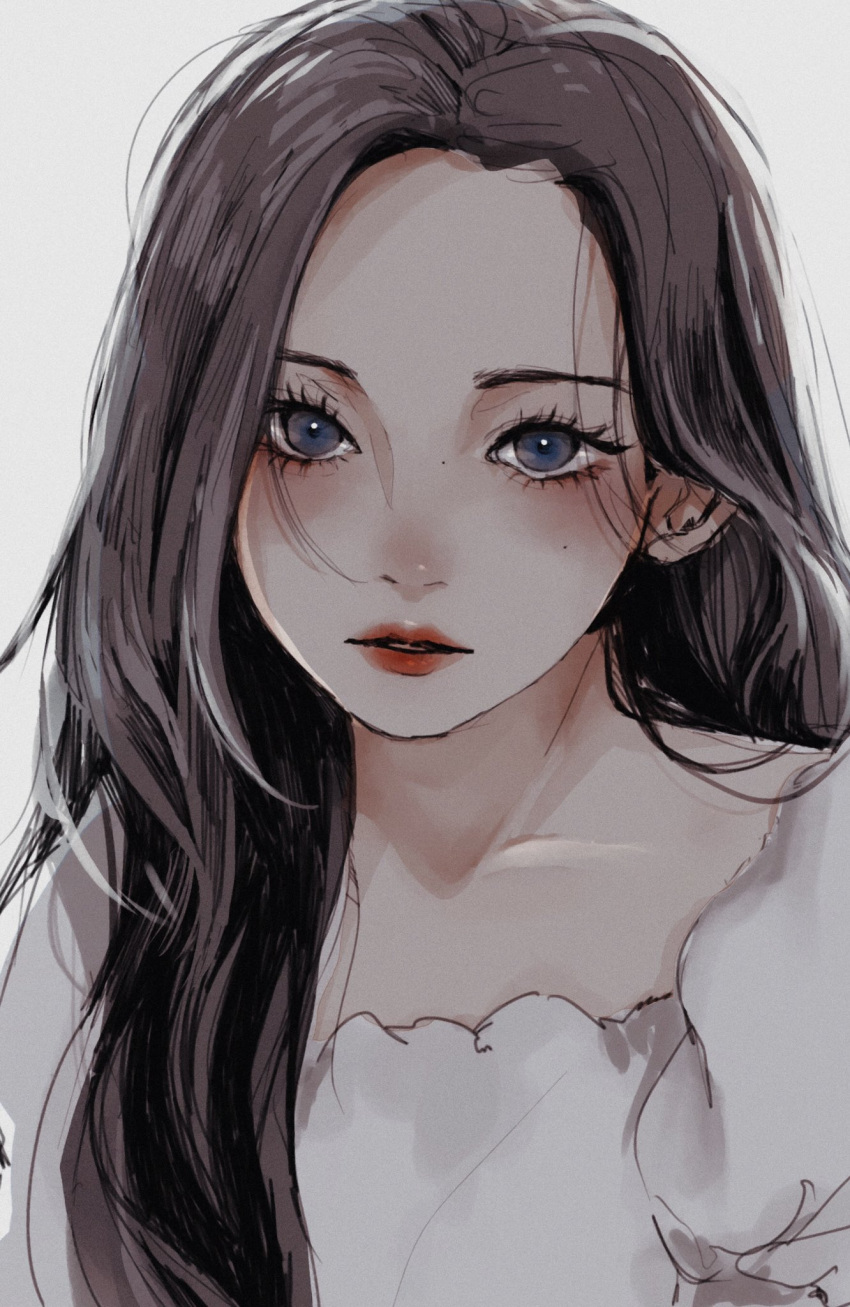 1girl, aespa, akari_(kimute_jihiki), black_eyes, blush, brown_hair, dress, english_commentary