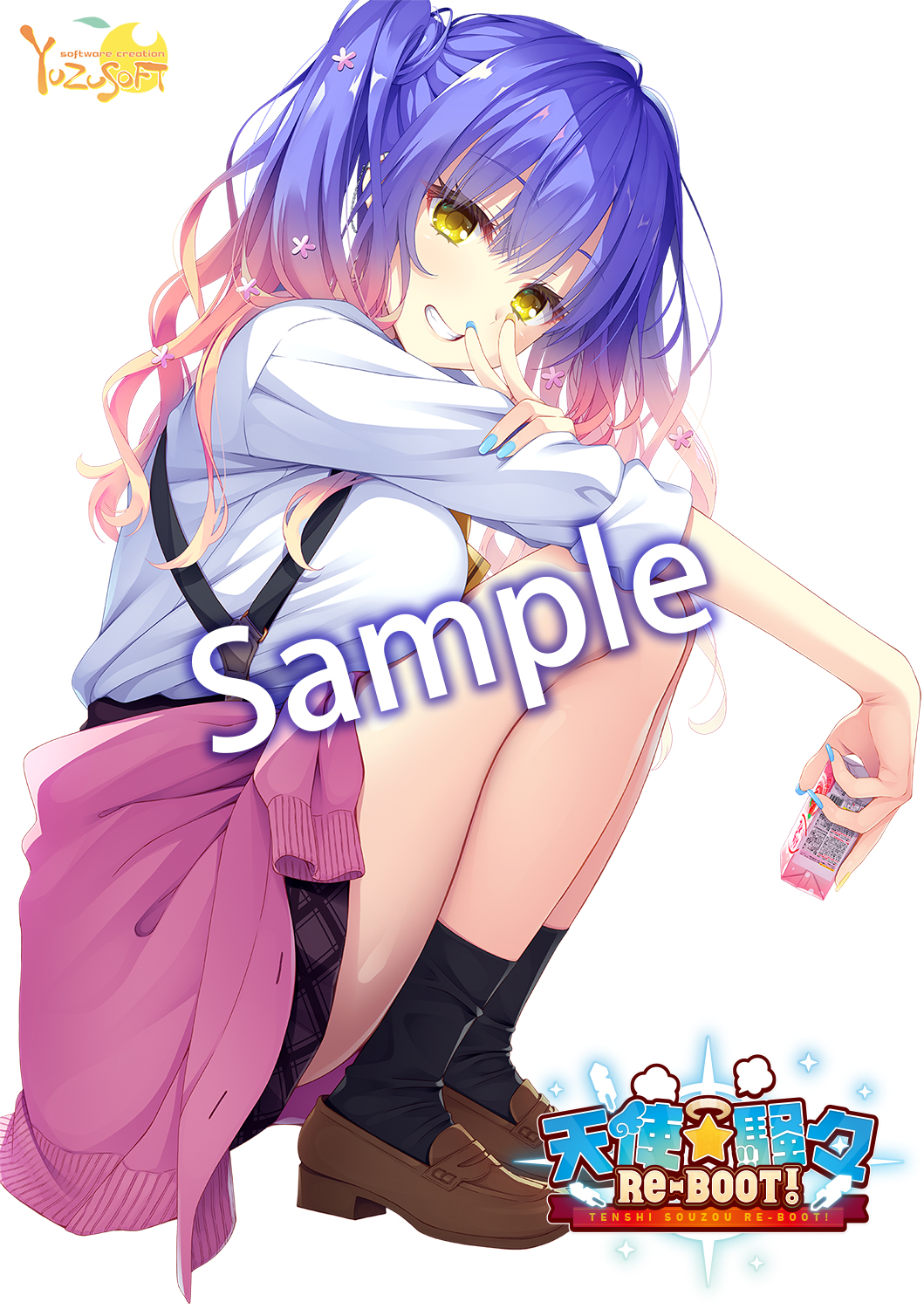 1girl, ascot, black_socks, blonde_hair, blue_hair, blue_nails, breasts, brown_footwear
