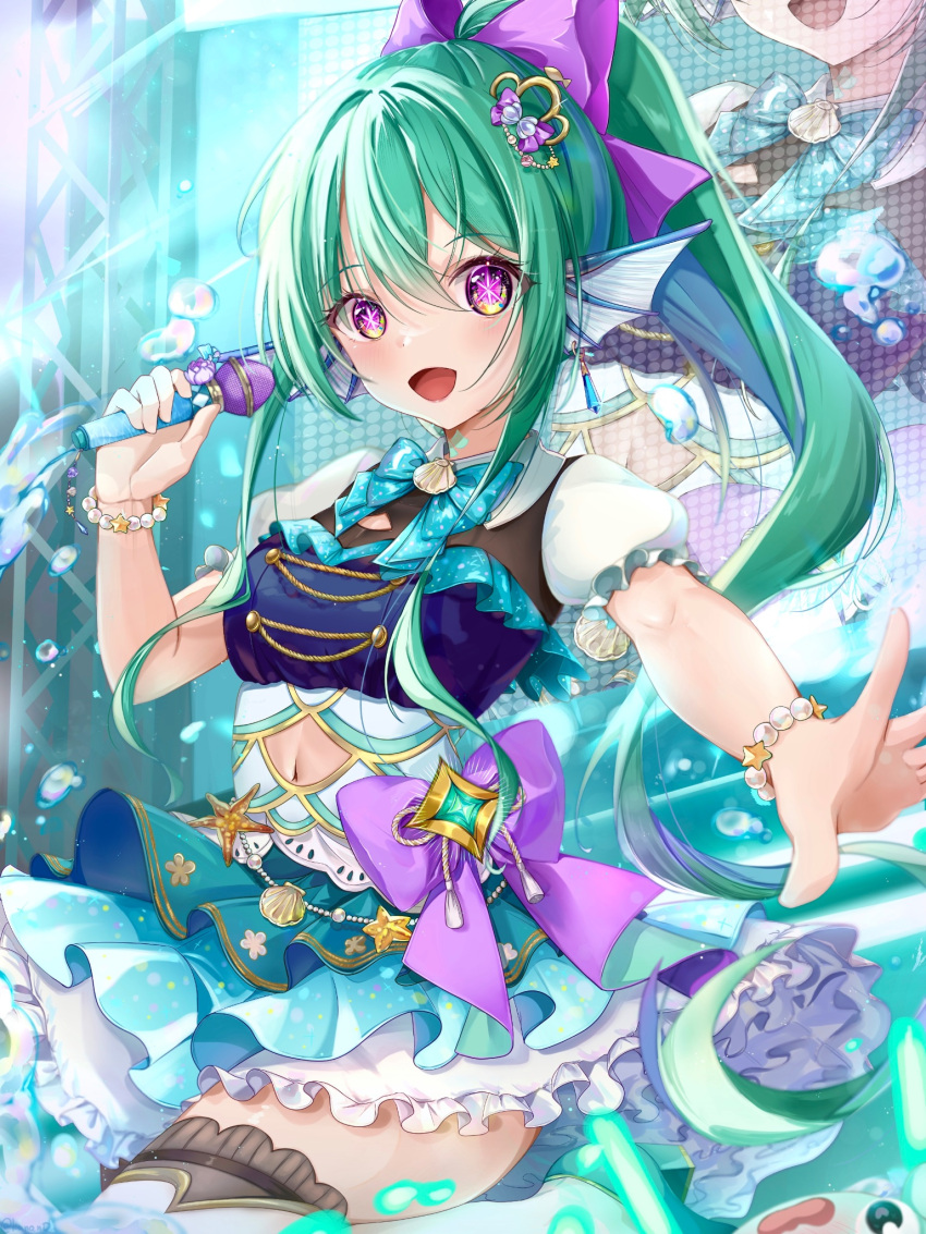 1girl, alternate_costume, bow, bracelet, finana_ryugu, fins, frills, green_hair