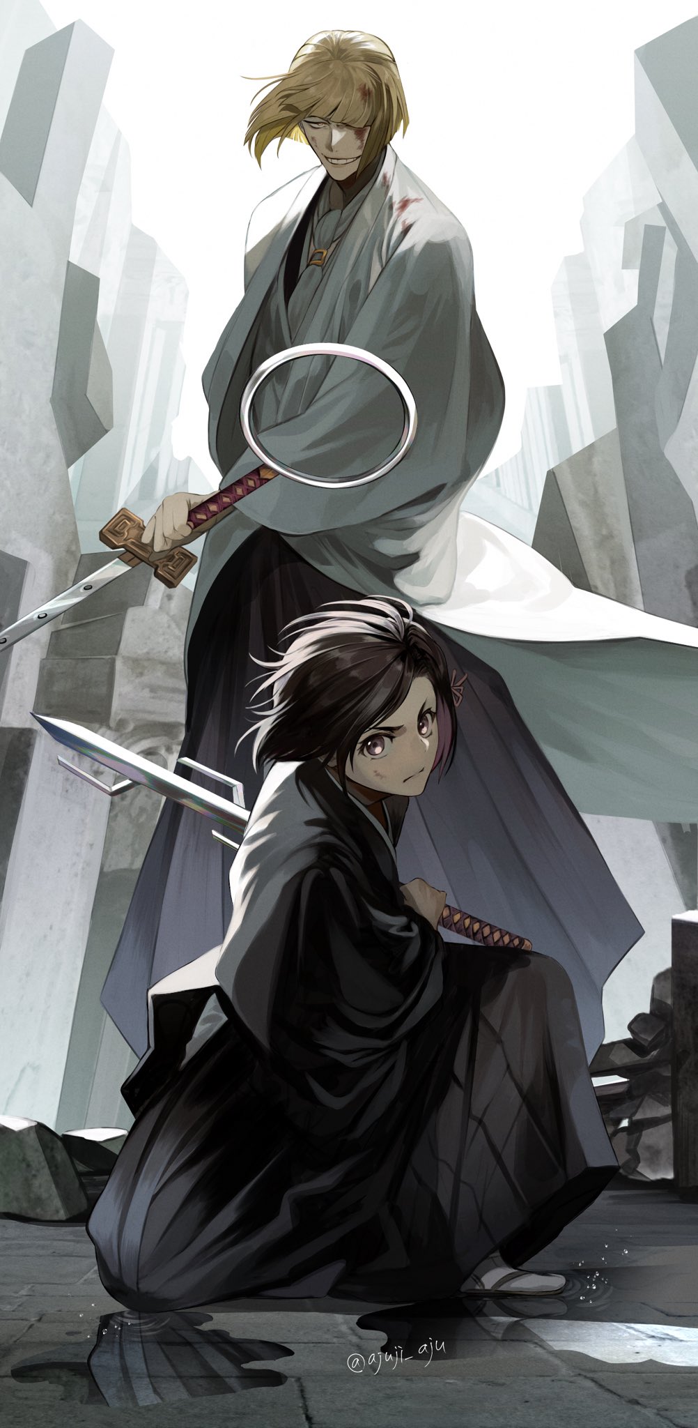 1boy, 1girl, ajuji_aju, artist_name, black_hair, bleach, bleach:_the_thousand-year_blood_war, blonde_hair