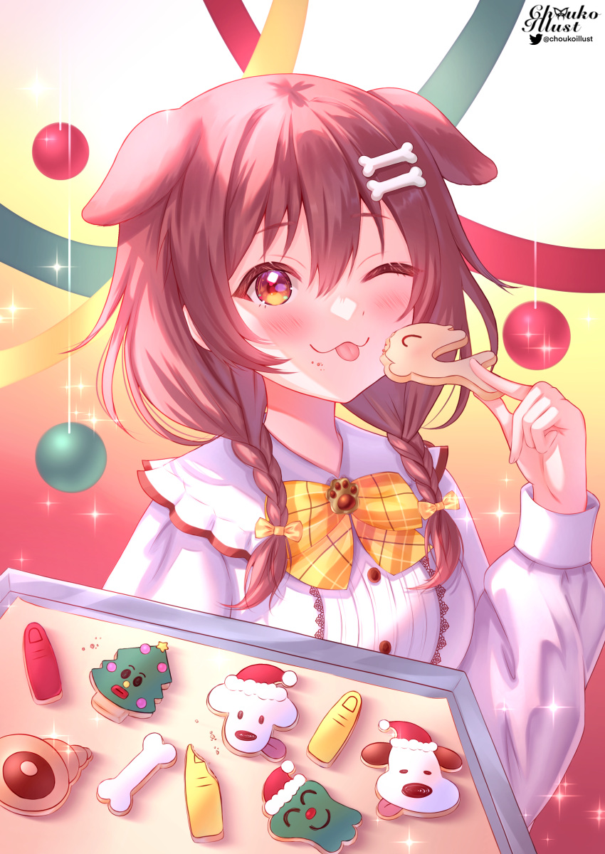 1girl, :p, absurdres, animal_ears, blush, bone_hair_ornament, bow, bowtie