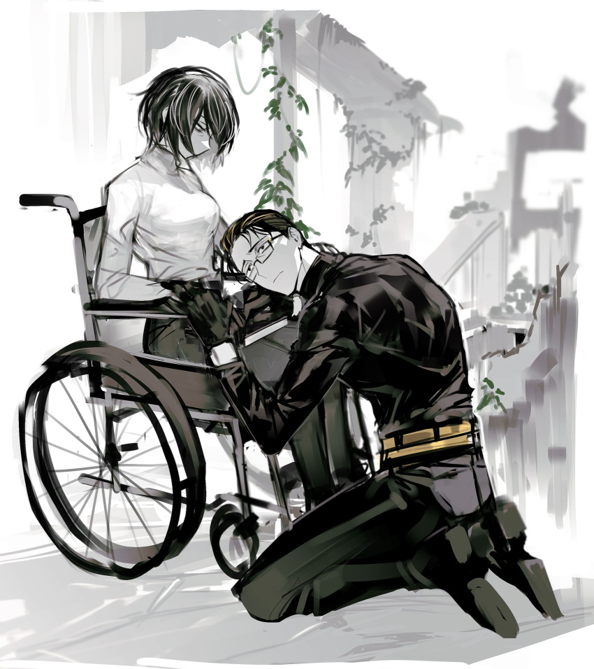 1boy, 1girl, black_footwear, black_hair, black_pants, black_sweater, closed_mouth, glasses