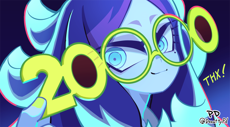 1girl, blue_eyes, blue_hair, blue_skin, celebration, colored_skin, colored_text, donuttypd