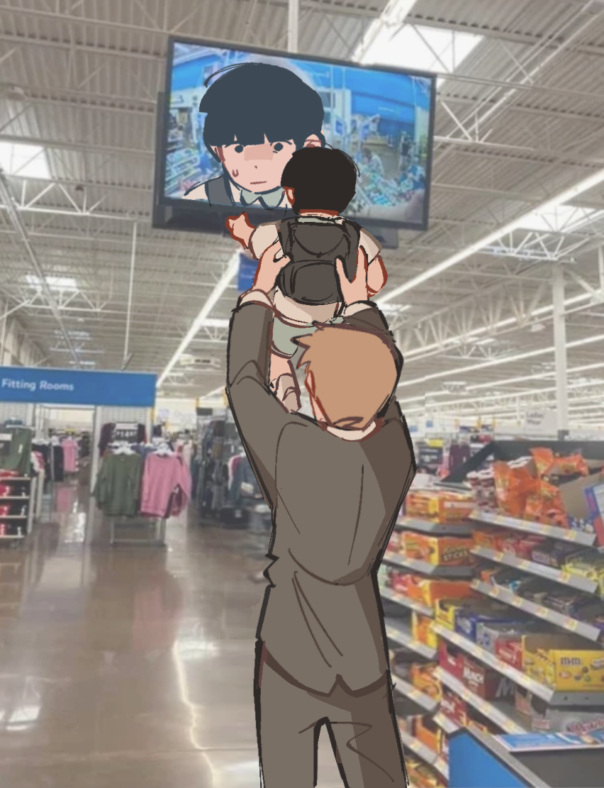 2boys, aged_down, backpack, bag, black_hair, blonde_hair, child, closed_mouth