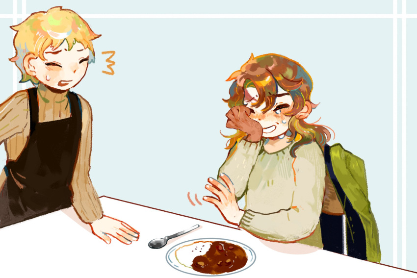 2boys, ^^^, apron, atou_haruki, bamtoast, black_apron, blonde_hair, brown_hair