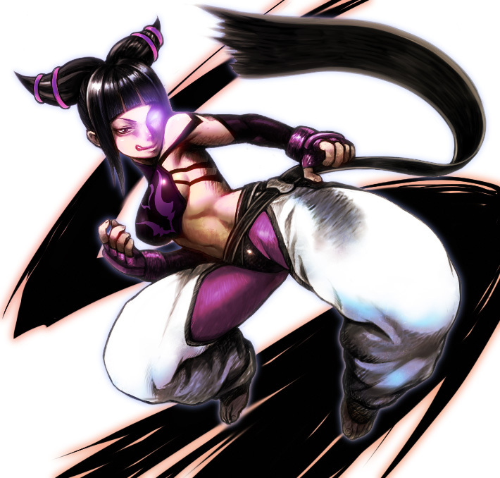 :q, bare_shoulders, barefoot, black_hair, breasts, capcom, feet, fingerless_gloves